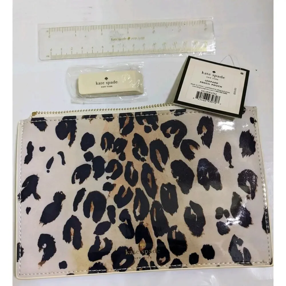 KATE SPADE New York LEOPARD Cheetah Pencil Pouch Eraser Ruler New *READ*